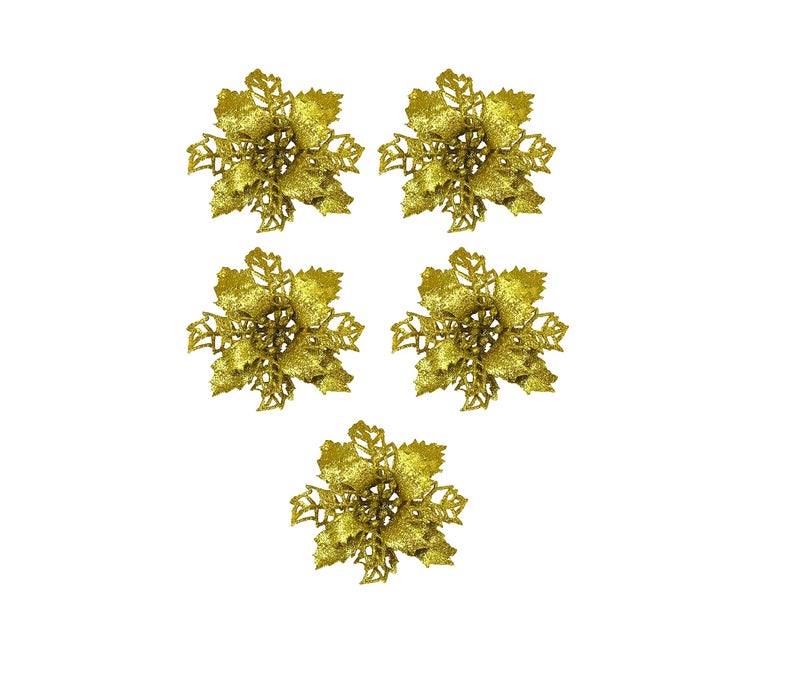 Evisha 6 Golden Flowers for Christmas Tree Decoration, Art and Craft, Christmas Wreath Decoration - Image 2