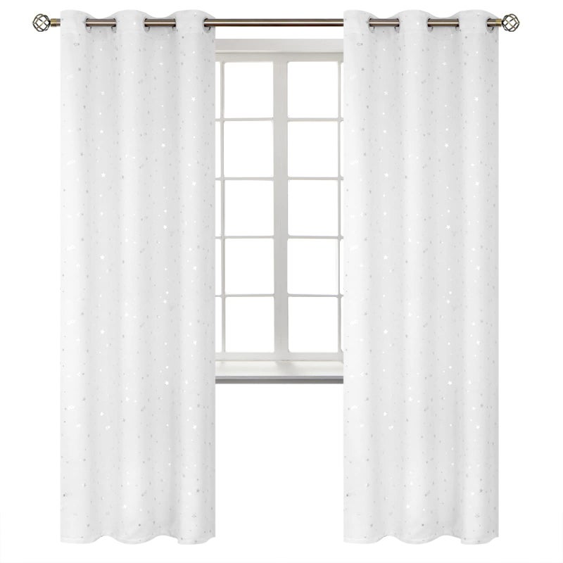 BGment الستائر Bragge Kids Blackout لغرفة النوم - Grommet حراري معزول الفضة النجمة طباعة غرفة الستائر المظلمة لمجموعة غرفة المعيشة من 2 لوحات (42 × 84 بوصة بيضاء) - Image 1