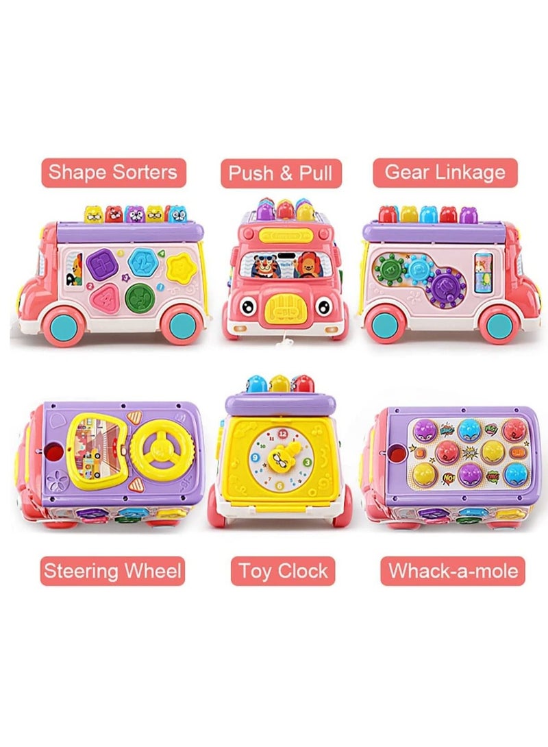 SYOSI Adorable Stone Push Pull Bus Toy, Baby Musical Learning Toys with Sound  Light, Whack-a-Mole Game, Shape Matching, Gear, Toy Clock, Activity Bus Toy Early Education Gift for Toddler Boys Girls - Image 3