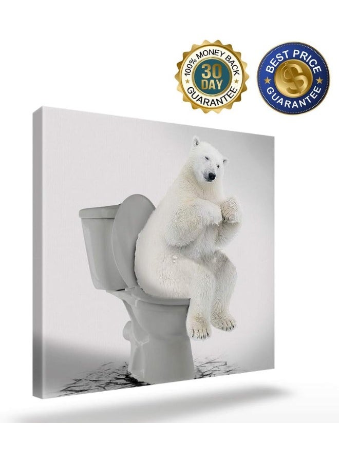 Custom Bed USA Canvas Wall Art Funny Animals Picture Prints, 12x12 inch Oil Painting Artwork Wood Gallery and Framed for Bathroom Wall Decor, Polar Bear Sitting on The Toilet - Image 2