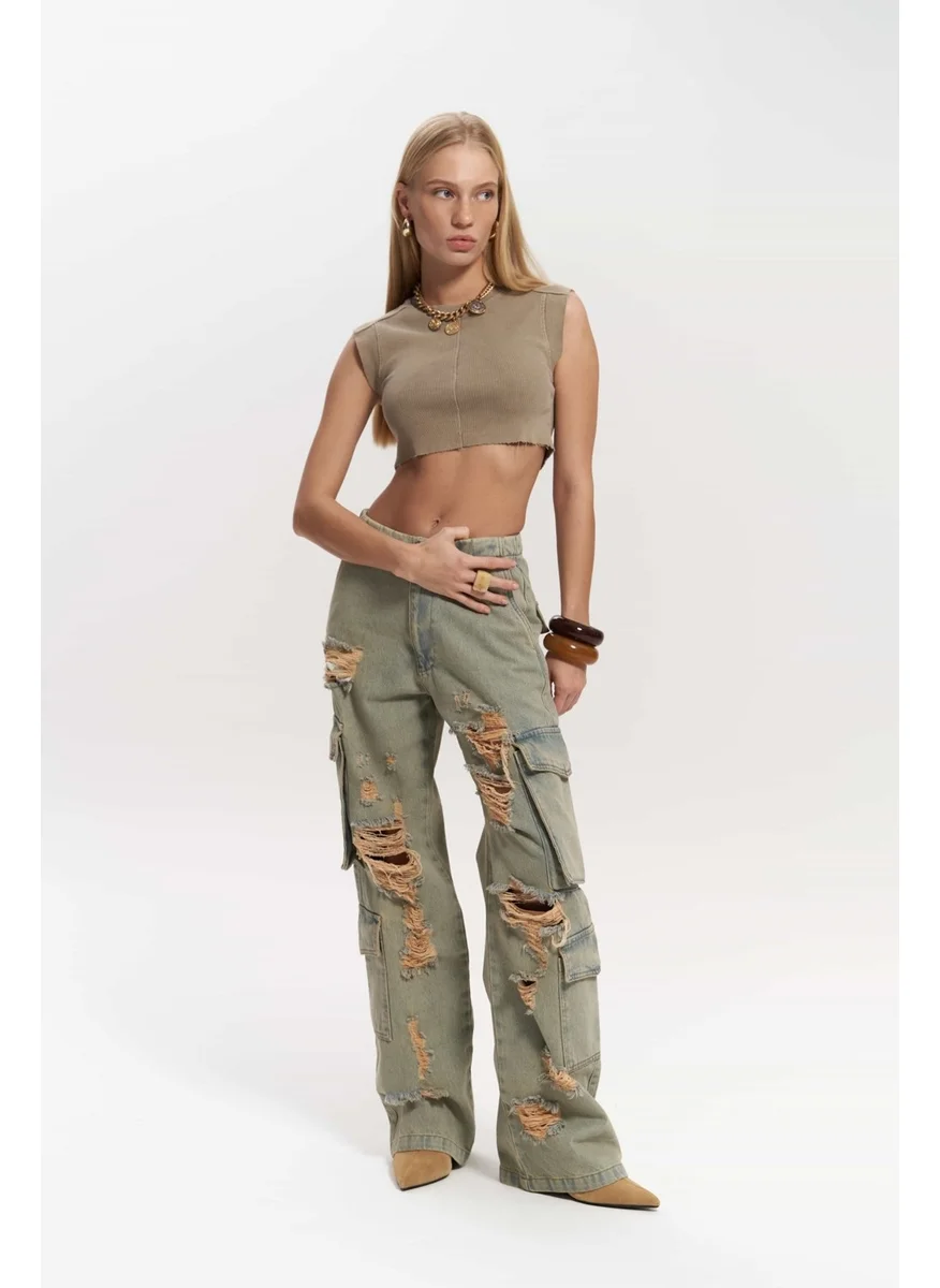 Mai Collection Dries Dirty Grey Ripped Detail Cargo Jeans