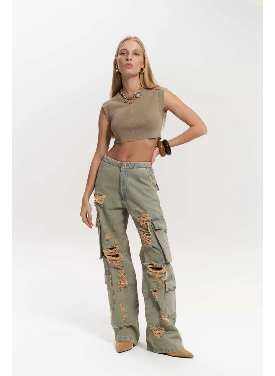Mai Collection Dries Dirty Grey Ripped Detail Cargo Jeans