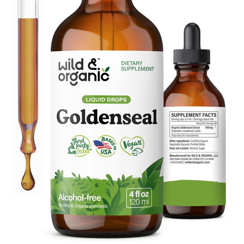 Wild & Organic Wild Organic Goldenseal Tincture Lung Digestive Support Goldenseal Root Extract Liquid Drops Vegan Sugar AlcoholFree Herb Supplement 4 fl oz 