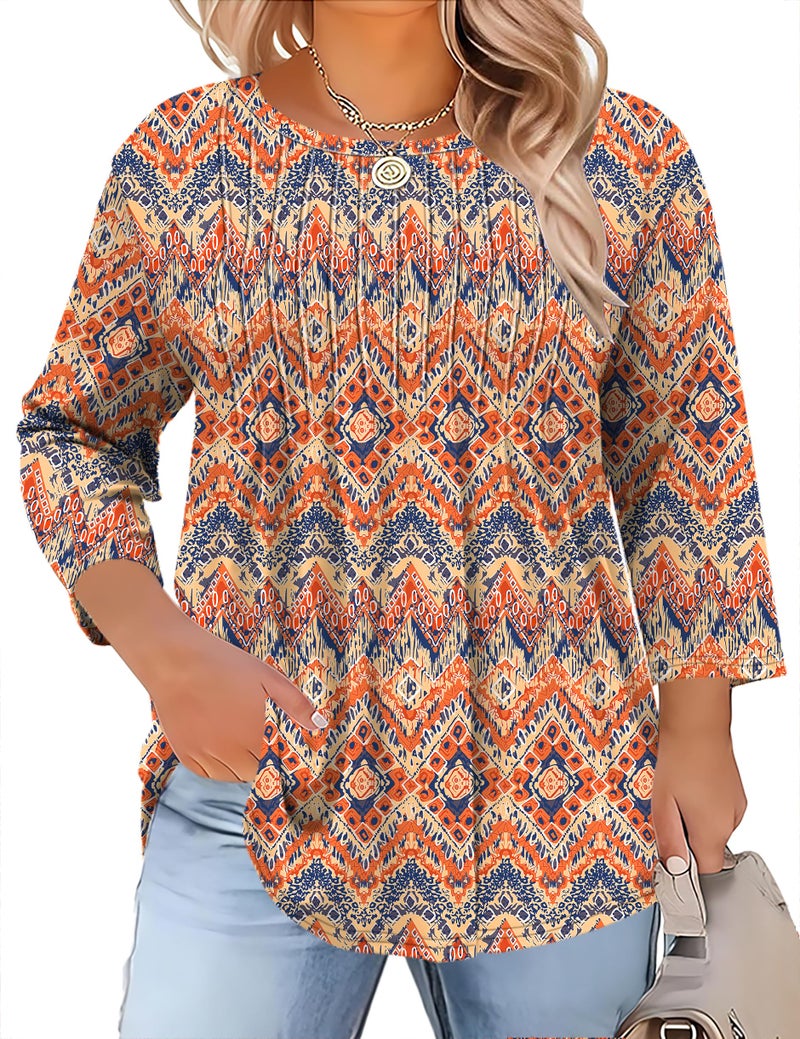 TFSDOD 3/4 Sleeve Tunic Tops for Women Plus Size Summer Clothes Womens Spring Clothes Pleated Tshirts Shirts Plus - Image 1
