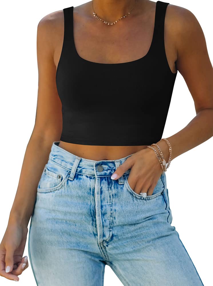 REORIA Women's Summer Sexy Basic Sleeveless Square Neck Fitted Seamless Yoga Cropped Tank Cute Crop Tops Black Medium - Image 1