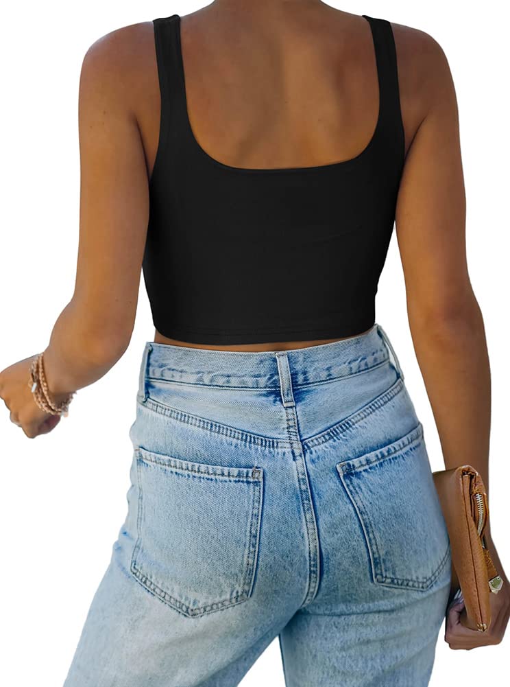 REORIA Women's Summer Sexy Basic Sleeveless Square Neck Fitted Seamless Yoga Cropped Tank Cute Crop Tops Black Medium - Image 2