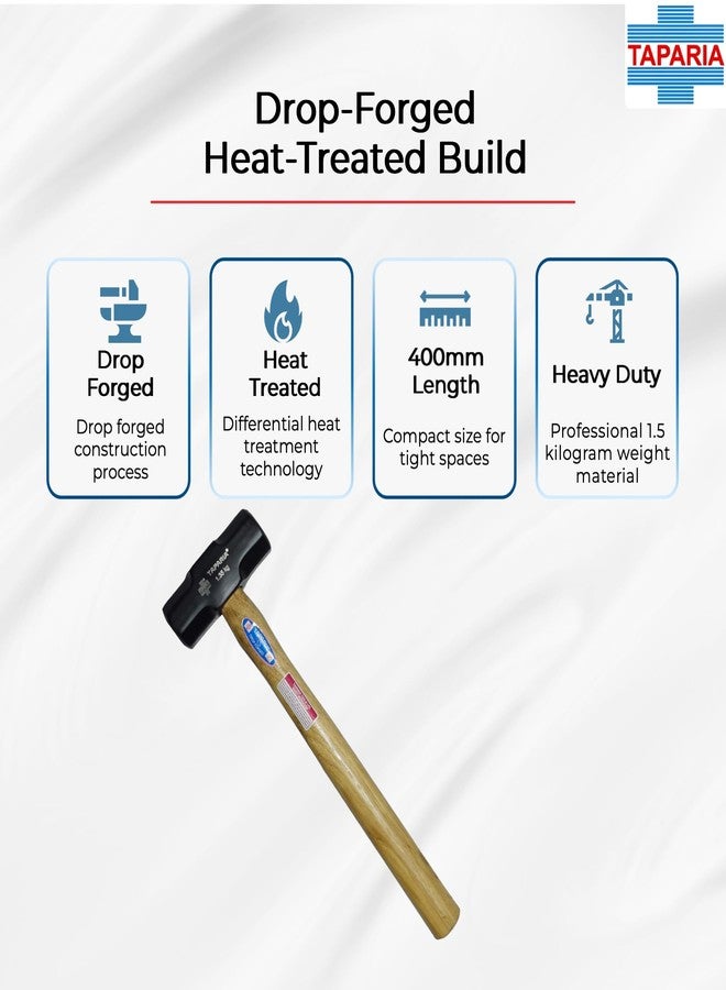 Taparia SHHW-1350 Steel (1350g) Sledge Hammer with Hickory Wood Handle (Beige and Black) - Image 3