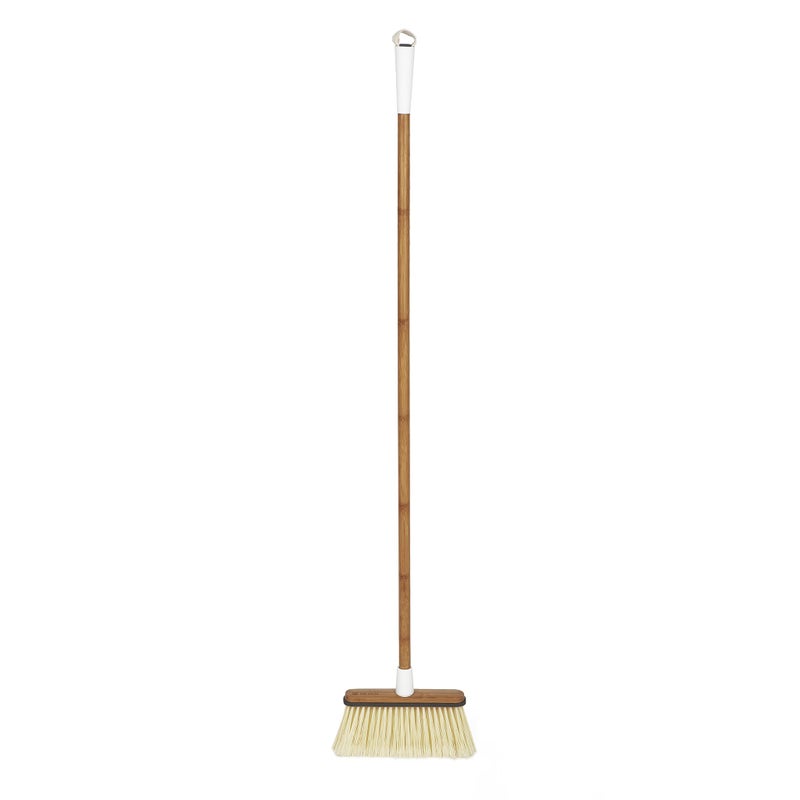 Full Circle Clean Sweep Bamboo Broom Angled for Precision in Tight Spaces with Stiff Flagged Bristles for Indoor  Outdoor Cleaning Ideal for Pet Hair Kitchen Hardwood  Garage White