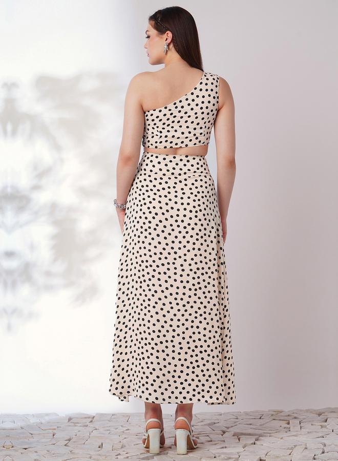 globus Beige Polka Print Crop Top and Side Slit Skirt Co-Ords - Image 3