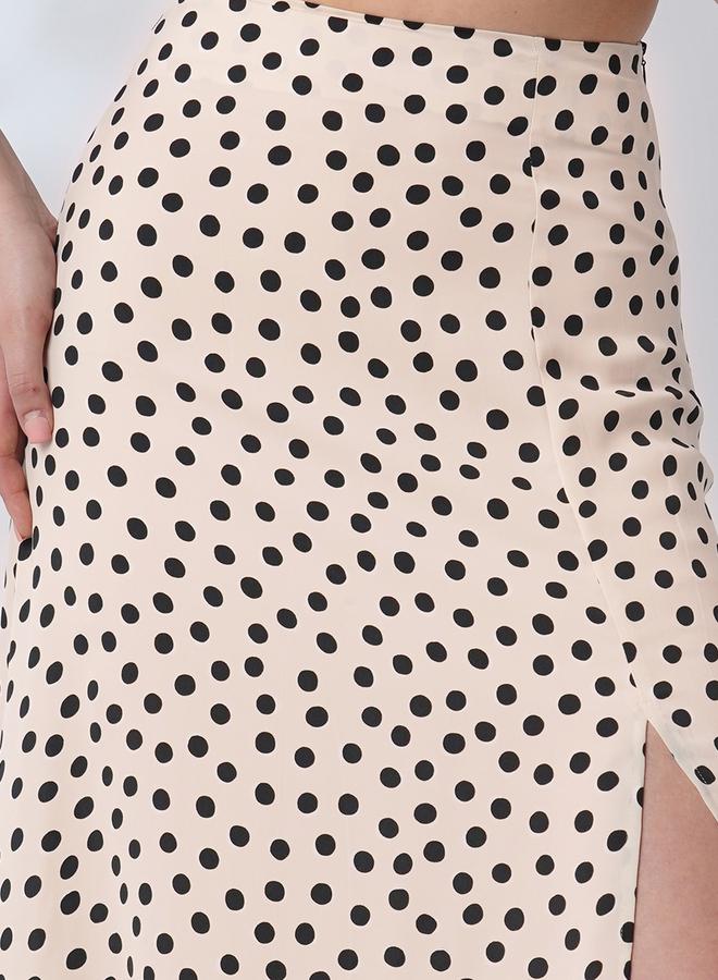 globus Beige Polka Print Crop Top and Side Slit Skirt Co-Ords - Image 5