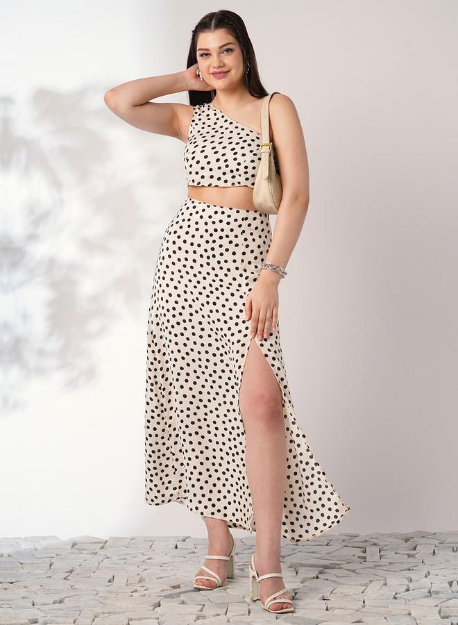 globus Beige Polka Print Crop Top and Side Slit Skirt Co-Ords - Image 1