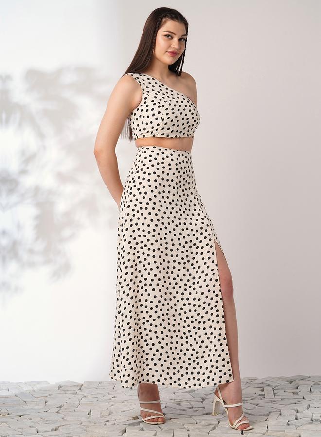 globus Beige Polka Print Crop Top and Side Slit Skirt Co-Ords - Image 2