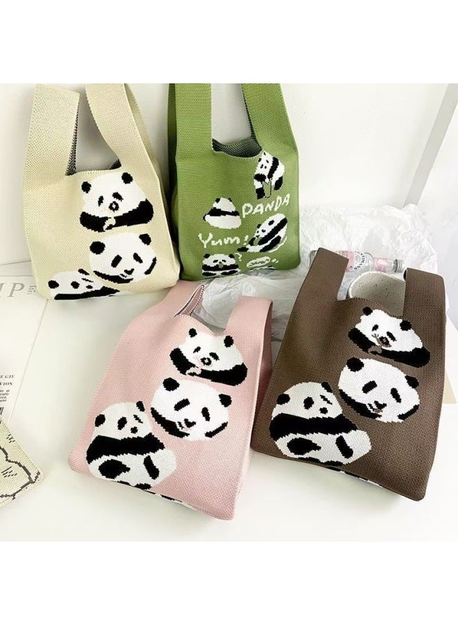 Ins Cute Handbag Women's Bag All-match Hand Carrying Casual Panda Knitted Bag Bucket Bag Tote Bag Lunch Box Bag-Color:Face Covering Bear Green  - Image 2