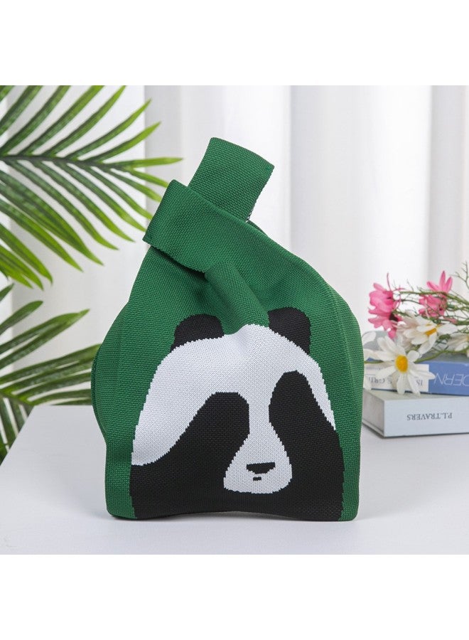 Ins Cute Handbag Women's Bag All-match Hand Carrying Casual Panda Knitted Bag Bucket Bag Tote Bag Lunch Box Bag-Color:Face Covering Bear Green  - Image 1