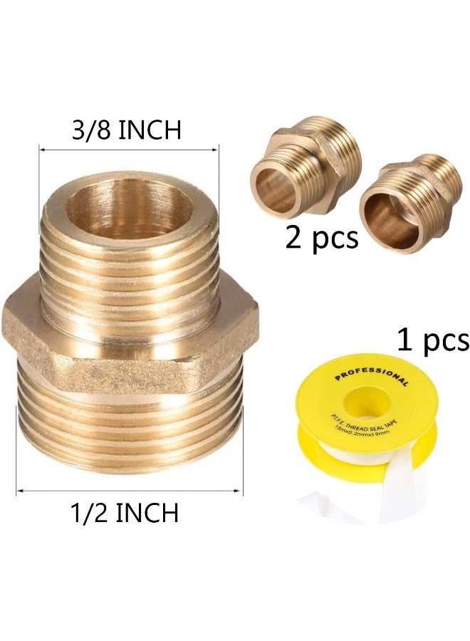 Biella 2Pcs Bsp Male To Male Solid Brass Hex Type Straight Thread Reducer Pipe Nipple With Teflon Tape, Heavy Brass Pipe Adapter Fittings Connectors Male Thread Hose (1/2 Inch To 3/8 Inch) - Image 2