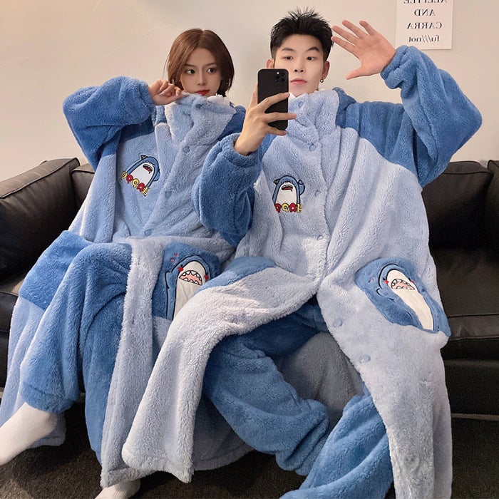Couple Pajamas Women'S Plush Cute Cartoon Hooded Nightgown Men'S Pajamas Thickened Warm Home Clothes - Image 1