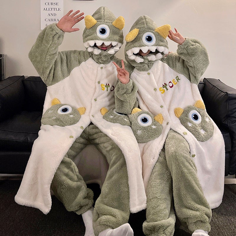 Couple Pajamas Women'S Plush Cute Cartoon Hooded Nightgown Men'S Pajamas Thickened Warm Home Clothes - Image 3