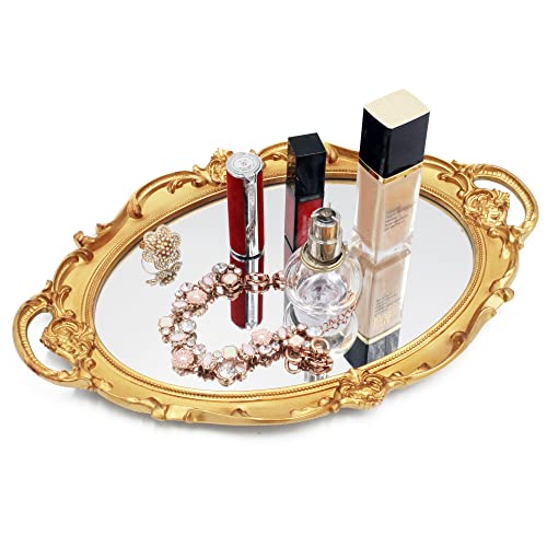 Funerom Vintage 368 x 254 cm Gold Mirror Tray Decorative Tray Bathroom Tray Serving Tray Oval