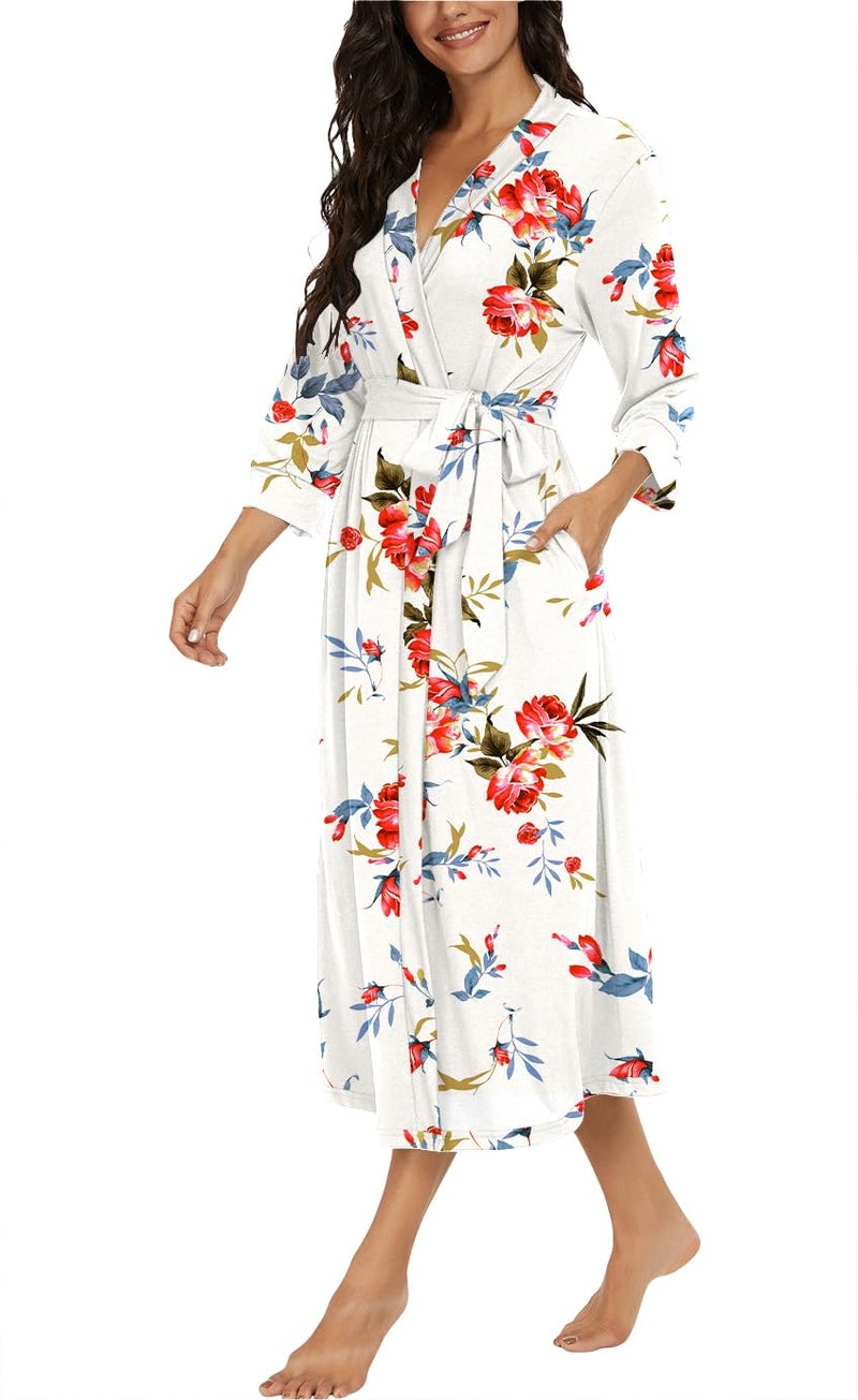 VINTATRE Women Kimono Robes Long Knit Bathrobe Lightweight Soft Knit Sleepwear V-neck Casual Ladies Loungewear FP-White-Large - Image 2
