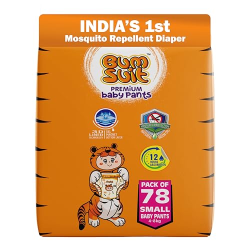 Bumsuit Baby Pants Diapers Small (S), 78 Count | 4–8 kg | Mosquito Protection, 12-Hour Absorption | Soft Breathable Fabric | Stretchable Waistband | Rash-Free Comfort | Lightweight Baby Diapers - Image 1