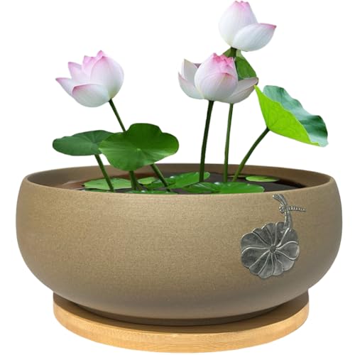 MUZHI Round Ceramic Hydroponic Bowl Lotus Planter Pot with Bamboo Tray, Classic Pottery Water Lily Bowl Planter Container Inlaid Dragonfly and Lotus Leaf Decor 7.3" - Image 1