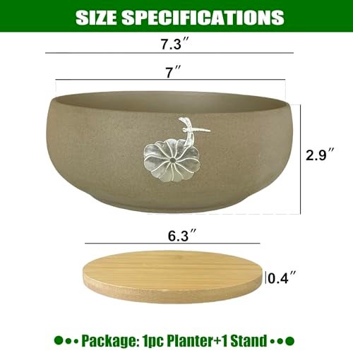 MUZHI Round Ceramic Hydroponic Bowl Lotus Planter Pot with Bamboo Tray, Classic Pottery Water Lily Bowl Planter Container Inlaid Dragonfly and Lotus Leaf Decor 7.3" - Image 2