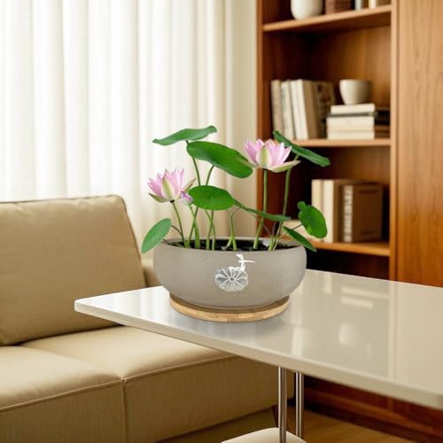 MUZHI Round Ceramic Hydroponic Bowl Lotus Planter Pot with Bamboo Tray, Classic Pottery Water Lily Bowl Planter Container Inlaid Dragonfly and Lotus Leaf Decor 7.3" - Image 5