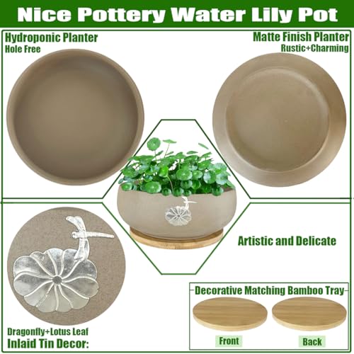 MUZHI Round Ceramic Hydroponic Bowl Lotus Planter Pot with Bamboo Tray, Classic Pottery Water Lily Bowl Planter Container Inlaid Dragonfly and Lotus Leaf Decor 7.3" - Image 3