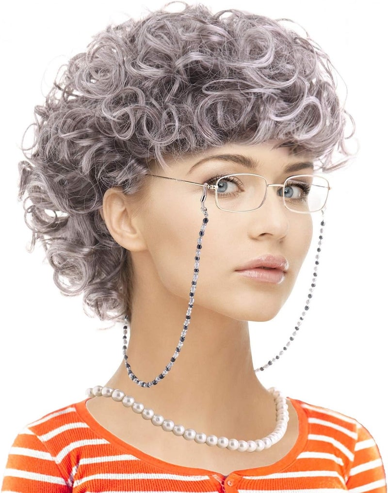 Feacole Old Lady Costume Set-Grandmother Wig,Wig Caps, Madea Granny Glasses, Eyeglass Retainer Chain,Pearl Necklace(5 Pieces) - Image 1