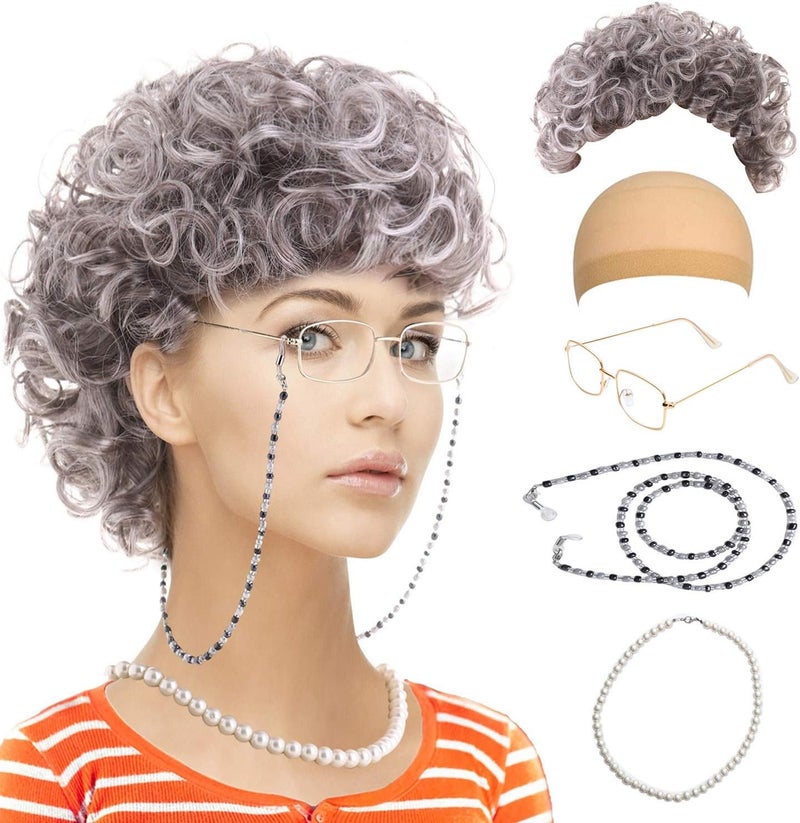 Feacole Old Lady Costume Set-Grandmother Wig,Wig Caps, Madea Granny Glasses, Eyeglass Retainer Chain,Pearl Necklace(5 Pieces) - Image 2