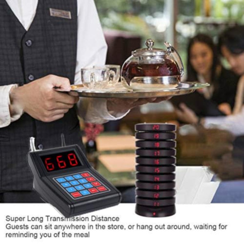 Restaurant Pager System Queue Number Call Coaster Pager Wireless Paging System Calling System Portable Rechargable Restaurant Buzzers with Numeric Keypad Transmitter 20 Pagers+1 Caller Wireless Paging, Queue Number Call, Coaster Buzzers, Waiter Service, Calling System - Image 3