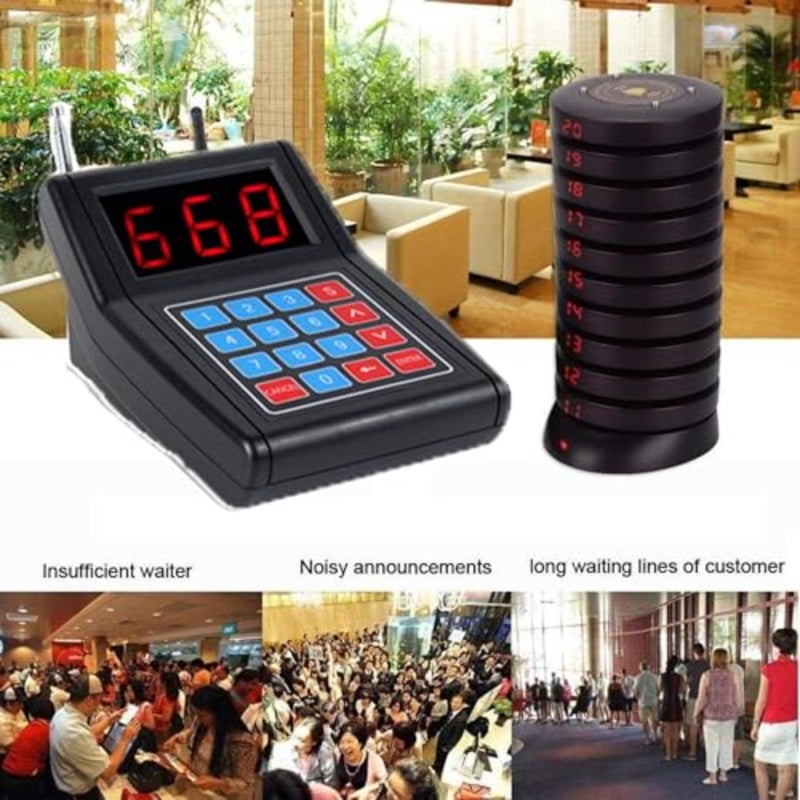 Restaurant Pager System Queue Number Call Coaster Pager Wireless Paging System Calling System Portable Rechargable Restaurant Buzzers with Numeric Keypad Transmitter 20 Pagers+1 Caller Wireless Paging, Queue Number Call, Coaster Buzzers, Waiter Service, Calling System - Image 2