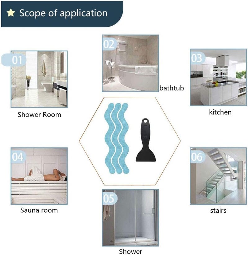 klarako 24pcs Wavy Pattern Blue Transparent Nonslip Stickers 1.3x18cm Anti Slip Shower Stickers with Scraper for Bathtub, Tile, Wood Floor - Image 5