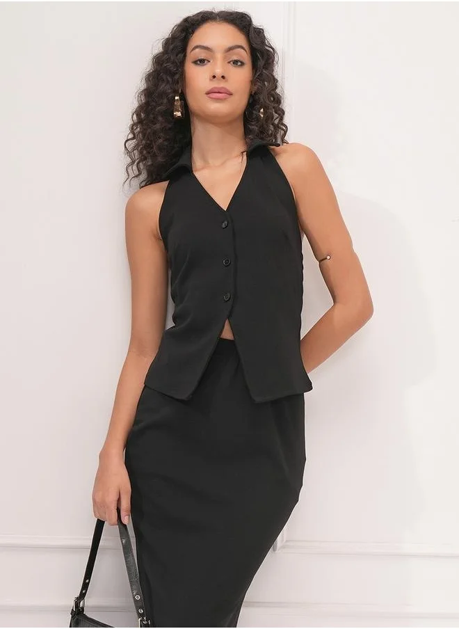 طوكيو توكيز Solid Sleeveless Top with Buttons and Pencil Midi Skirt Co-Ords