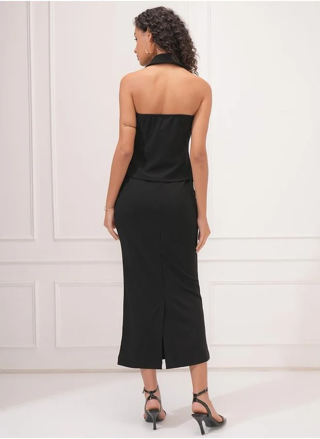 طوكيو توكيز Solid Sleeveless Top with Buttons and Pencil Midi Skirt Co-Ords by Styli