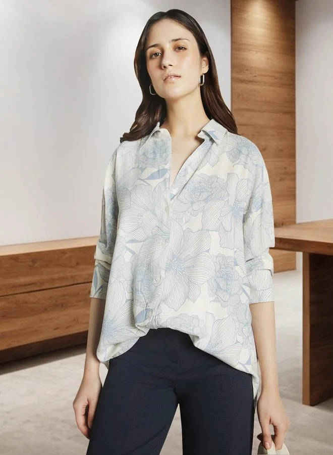 Dennis Lingo Light Blue Rayon Printed Pattern Oversized FiT-Shirts For Women Full Sleeves Regular Length Upper