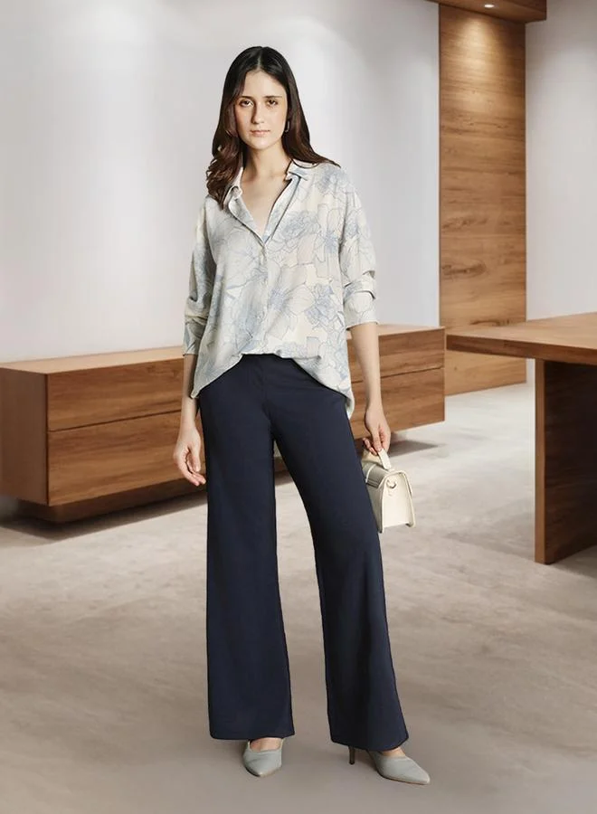Dennis Lingo Light Blue Rayon Printed Pattern Oversized FiT-Shirts For Women Full Sleeves Regular Length Upper