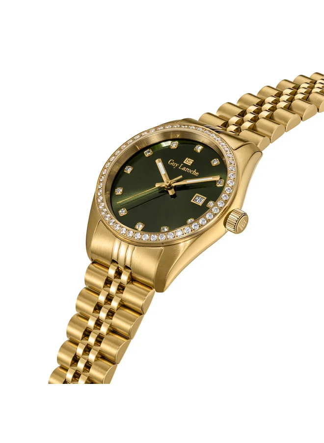 غاي لاروش ساعة نسائية روزالي بقرص أخضر وسوار معدني ذهبي بعقارب  ملم