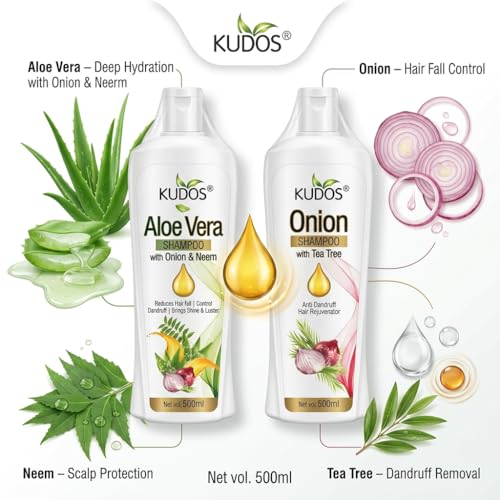 Kudos Ayurveda Aloe Vera Shampoo with Onion & Neem + Onion Shampoo with Tea Tree | Hair Nourishing & Strengthening Combo | Gentle Cleansing for Healthy Looking Hair | 500ml Each (Pack of 2) - Image 2