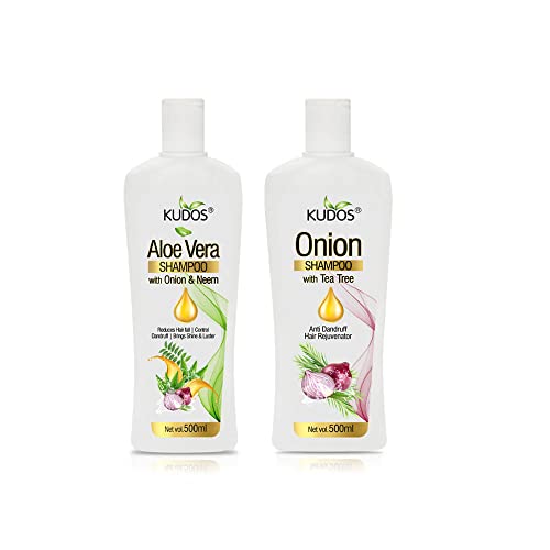 Kudos Ayurveda Aloe Vera Shampoo with Onion & Neem + Onion Shampoo with Tea Tree | Hair Nourishing & Strengthening Combo | Gentle Cleansing for Healthy Looking Hair | 500ml Each (Pack of 2) - Image 1