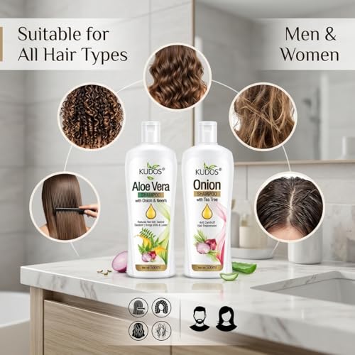 Kudos Ayurveda Aloe Vera Shampoo with Onion & Neem + Onion Shampoo with Tea Tree | Hair Nourishing & Strengthening Combo | Gentle Cleansing for Healthy Looking Hair | 500ml Each (Pack of 2) - Image 5