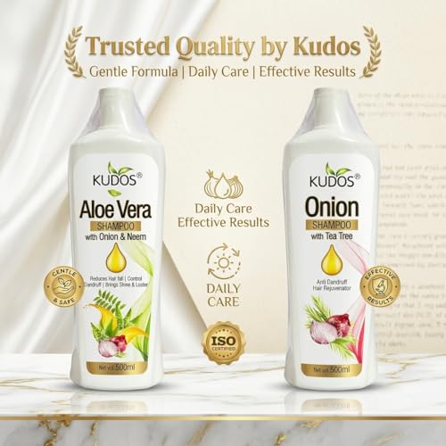 Kudos Ayurveda Aloe Vera Shampoo with Onion & Neem + Onion Shampoo with Tea Tree | Hair Nourishing & Strengthening Combo | Gentle Cleansing for Healthy Looking Hair | 500ml Each (Pack of 2) - Image 4