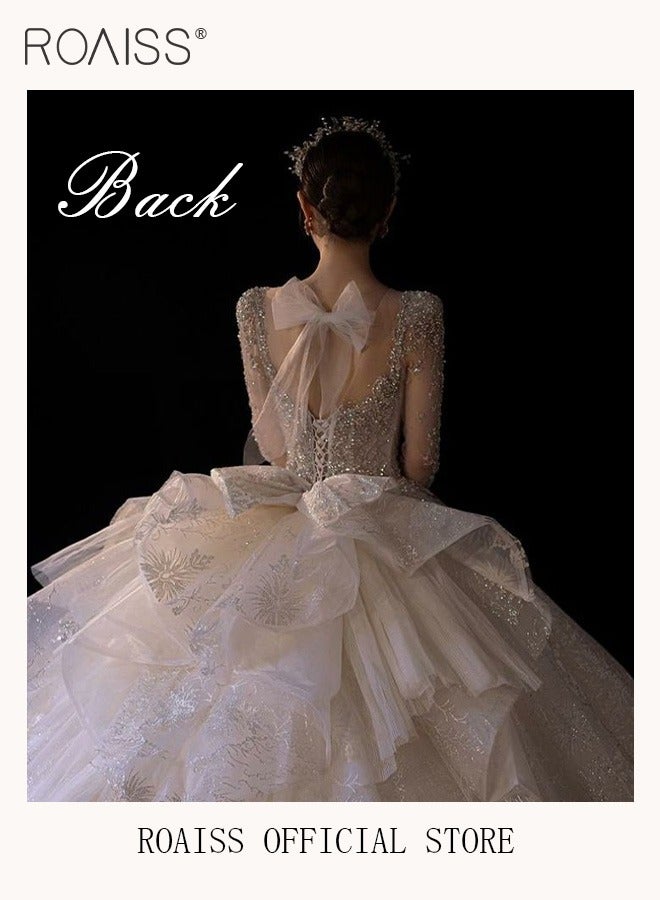 roaiss Wedding Dresses for Women Retro Sparkle Beading Square Neck Train Dress with Big Bow Ladies Elegant Long Sleeve Tulle Bride Gowns with Veil Dress Support and Gloves - Image 5