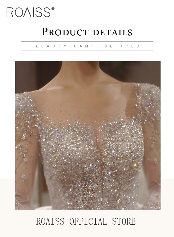 roaiss Wedding Dresses for Women Retro Sparkle Beading Square Neck Train Dress with Big Bow Ladies Elegant Long Sleeve Tulle Bride Gowns with Veil Dress Support and Gloves - Image 4