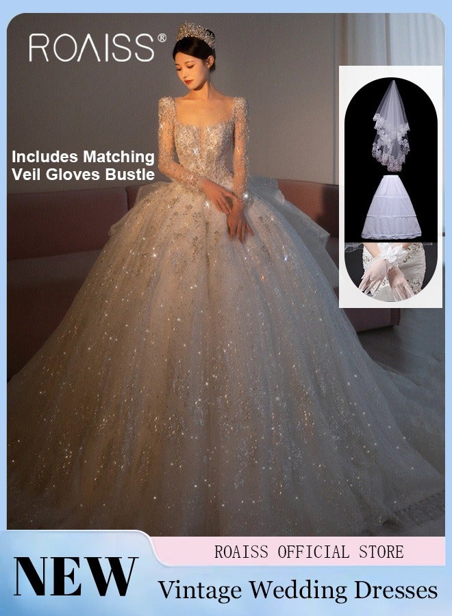 roaiss Wedding Dresses for Women Retro Sparkle Beading Square Neck Train Dress with Big Bow Ladies Elegant Long Sleeve Tulle Bride Gowns with Veil Dress Support and Gloves - Image 1