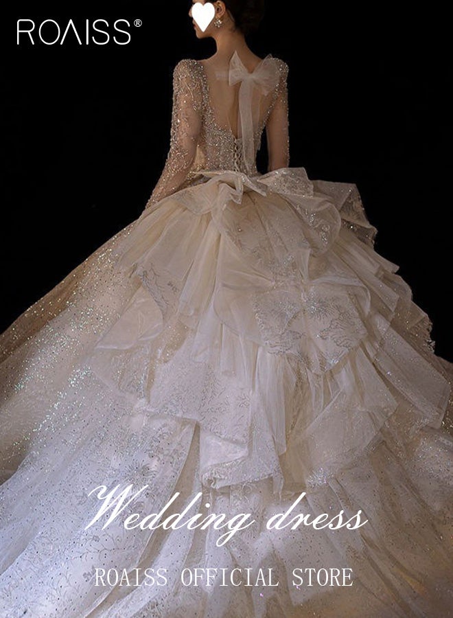 roaiss Wedding Dresses for Women Retro Sparkle Beading Square Neck Train Dress with Big Bow Ladies Elegant Long Sleeve Tulle Bride Gowns with Veil Dress Support and Gloves - Image 2
