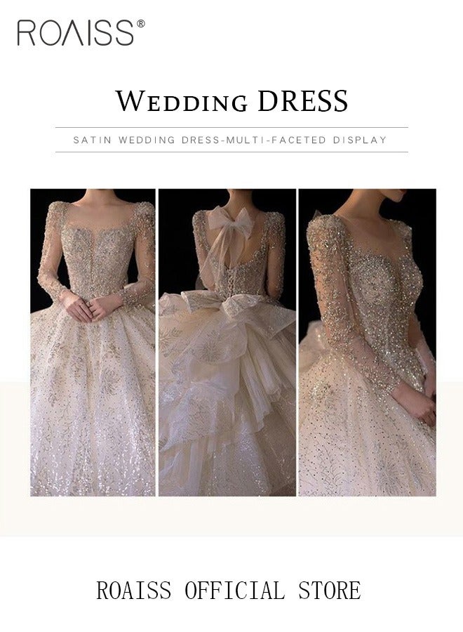 roaiss Wedding Dresses for Women Retro Sparkle Beading Square Neck Train Dress with Big Bow Ladies Elegant Long Sleeve Tulle Bride Gowns with Veil Dress Support and Gloves - Image 3