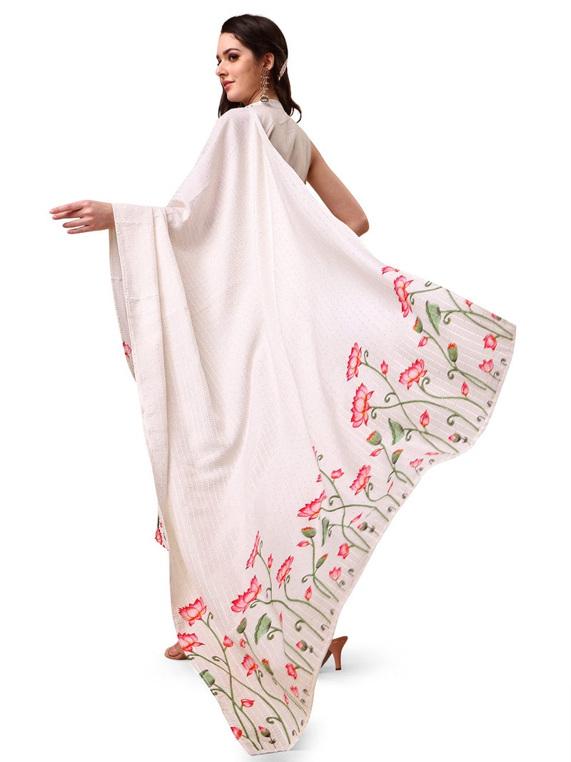 EthnicJunction Silk Blend Women's Digital Floral Print Striped Sequence Work Angarkha Kurta Pant Set With Digital Floral Dupatta (Skd8-Pichwai-Off White_XXL _Off White) - Image 4