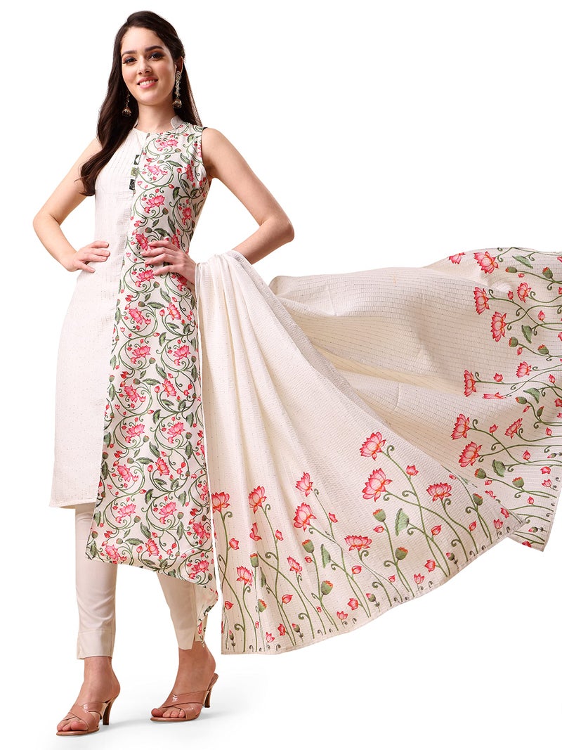 EthnicJunction Silk Blend Women's Digital Floral Print Striped Sequence Work Angarkha Kurta Pant Set With Digital Floral Dupatta (Skd8-Pichwai-Off White_XXL _Off White) - Image 1