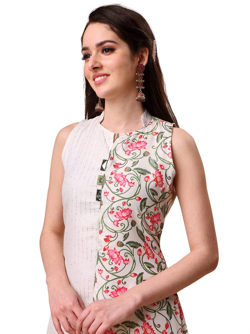 EthnicJunction Silk Blend Women's Digital Floral Print Striped Sequence Work Angarkha Kurta Pant Set With Digital Floral Dupatta (Skd8-Pichwai-Off White_XXL _Off White) - Image 3